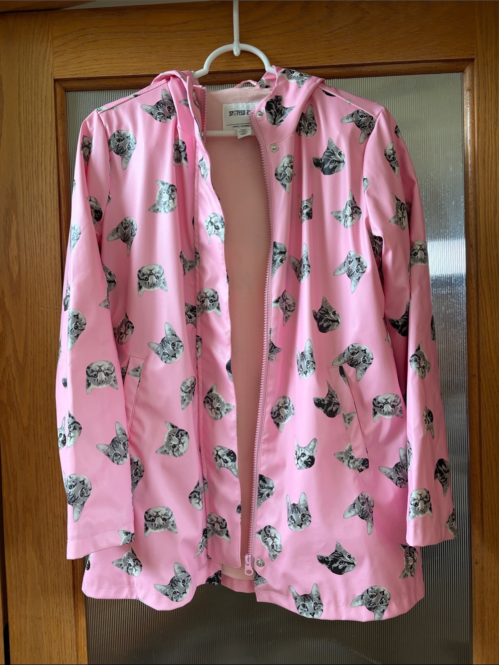 Pink Cat Print Hooded Rain Jacket